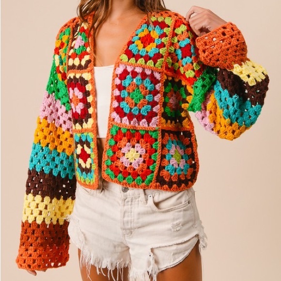 New Color! Bibi Handmade Vibrant Crochet Multicolor Cropped Cardigan Sweater - Picture 4 of 12